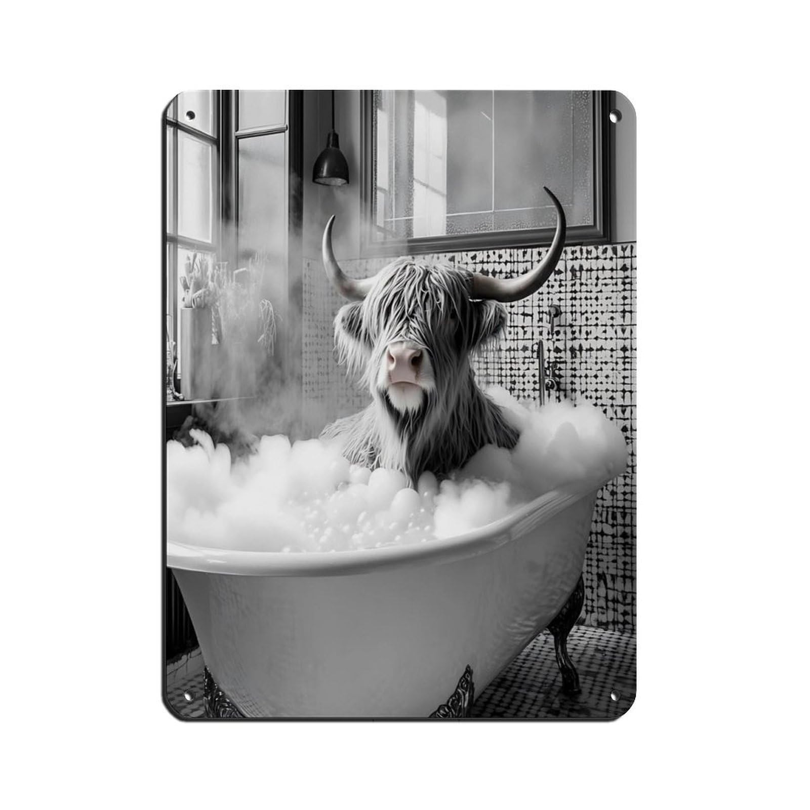 Highland Cow Bathroom, Cow in Bathtub Tin Sign Vintage Metal Pub Club Cafe Bar Home Wall Art Decoration Poster Retro 12x16inch(30x40cm)