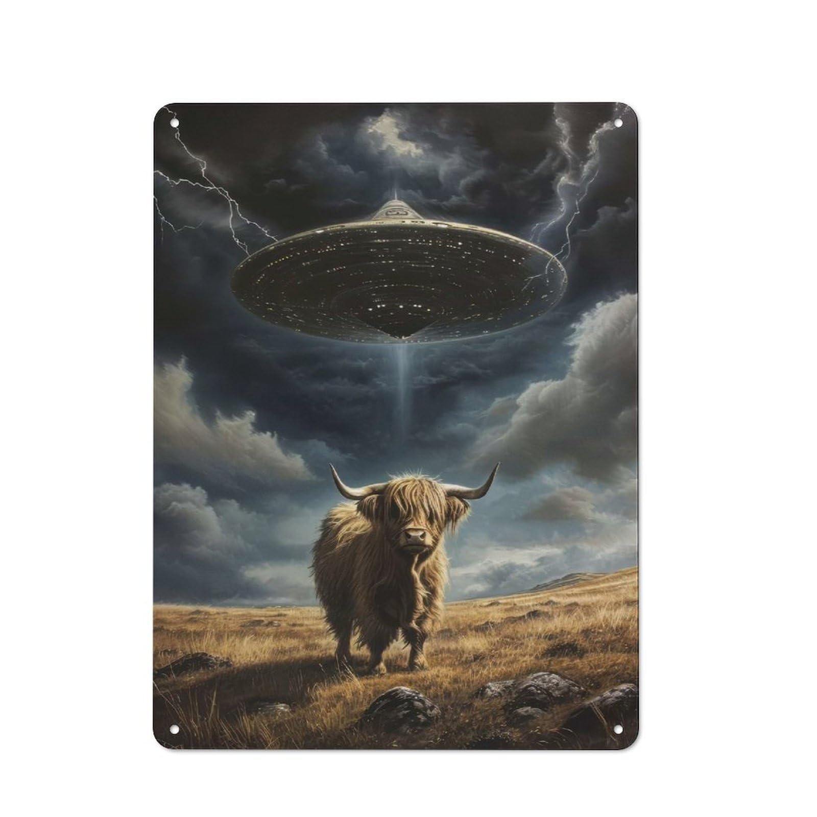 Junmoney Style-12 Highland Cow Ufo Abduction Rustic Tin Wall Plaque 40X30cm For Hobby Room Or Studio, A New Home Present For Creative Interior Collectors