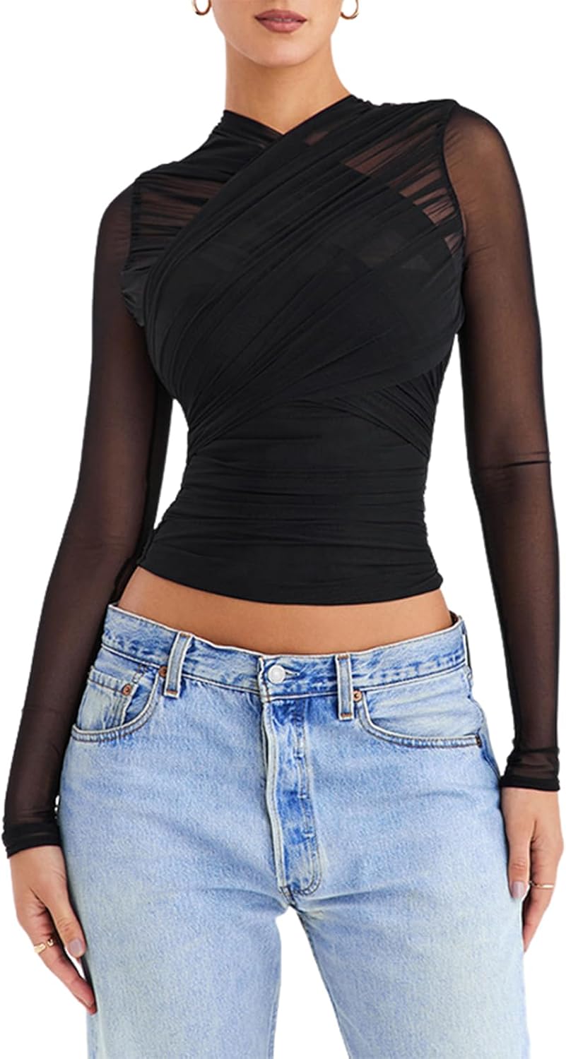 Women Sexy Criss Cross Wrap Sheer Mesh Crop Top Long Sleeve Zip Back See Through Slim Fit Tee Shirt Clubwear - Image 2