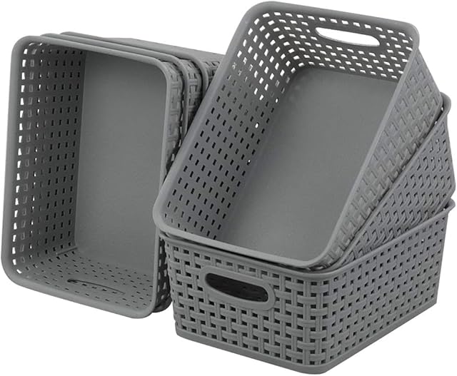 Waikhomes Set of 6 Plastic Kitchen Storage Baskets, Small Weave Cupboard Basket, Grey