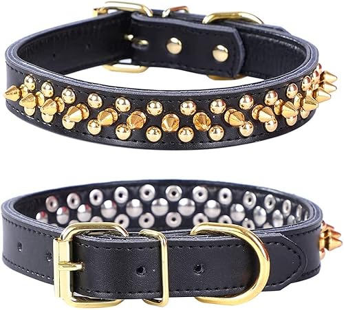 Pit Bull - Collar de perro con tachuelas y tachuelas, de piel auténtica suave, ajustable, para razas de perros pequeños, medianos y grandes