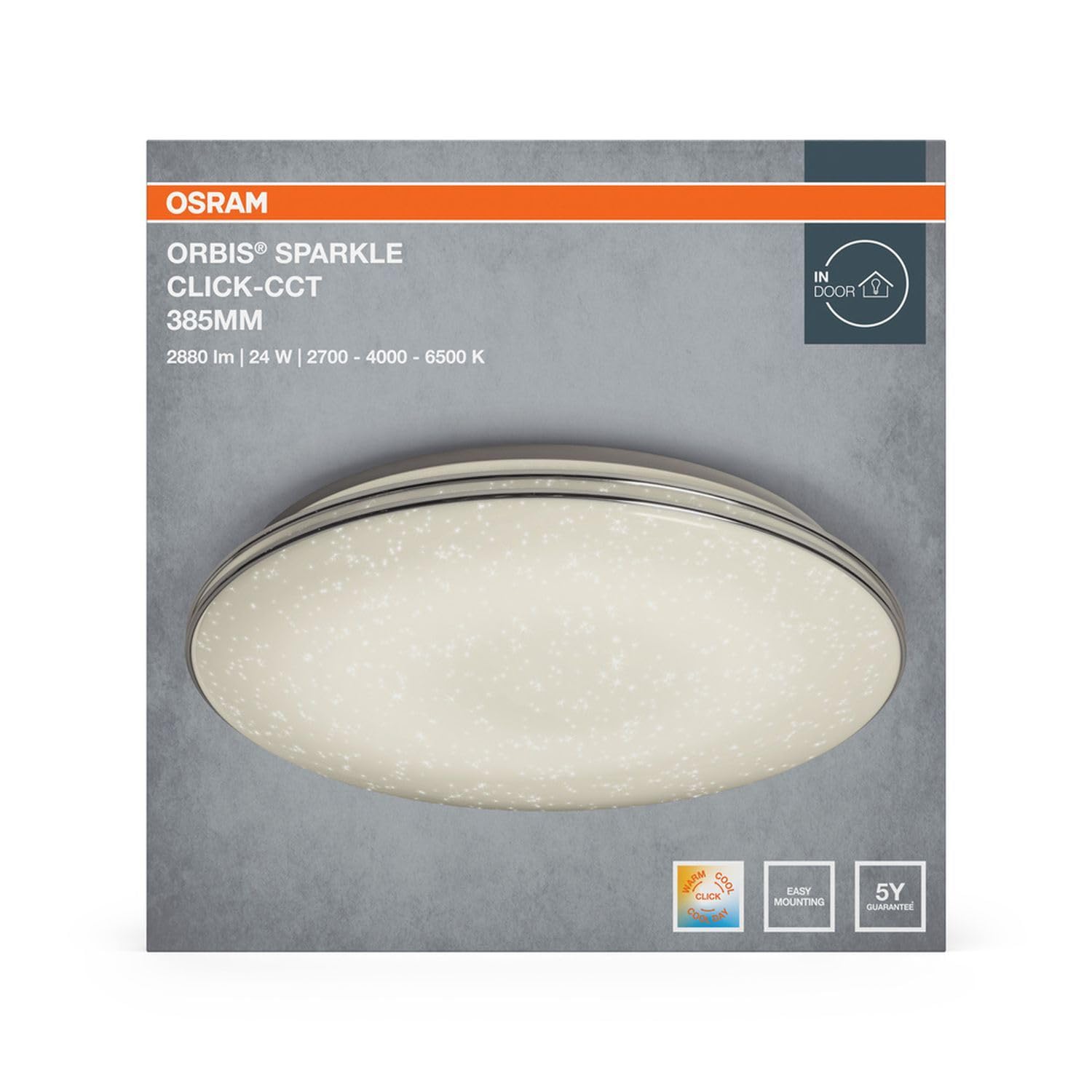 Osram Orbis Sparkle lampa sufitowa LED z efektem połysku, lampa ścienna z Click-CCT w kolorze białym z aluminium, lampa do zabudowy, ochrona IP20 do wnętrz