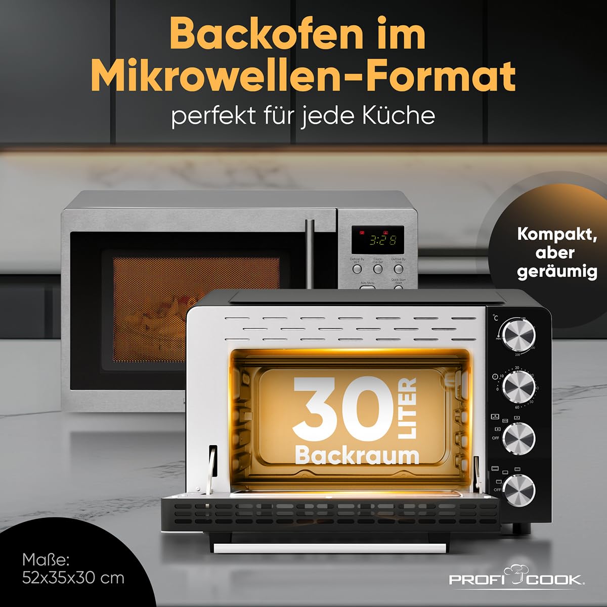 ProfiCook mini forno 30L | convezione + calore superiore/inferiore | mini forno con girarrosto e pietra per pizza | 100°C - 230°C | con convezione e timer | piccolo forno 1500W | PC MBG 1277