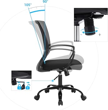 SONGMICS Ofis Sandalyesi, 360 Döner Sandalye, Sallanma Fonksiyonlu, Nefes Alabilir, Ofis, Çalışma Odası, 120 Kg'A Kadar Taşıyabilir, Siyah, Obn22Bk
