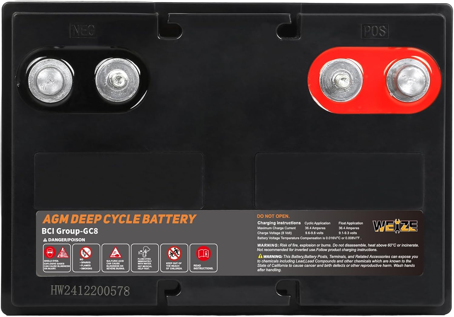 Weize GC8 8V Golf Cart Battery, 182AH High Capacity & Maintenance Free Deep Cycle AGM Battery for Golf Cart, Scissor Lift, Scrubber Sweeper