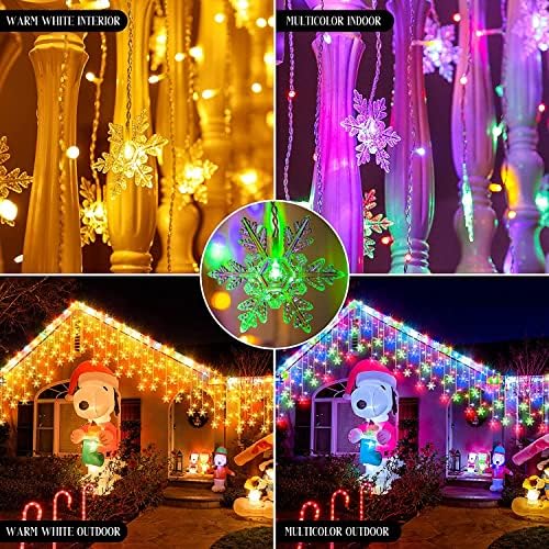 Elegear 10M 400 LED Snowflakes Icicle Christmas Lights Mains Powered with Remote Control/9 Modes, Plug in Outdoor Waterproof Xmas Fairy Lights for Window Balcony Eave Decoration, Warm / Multicoloured
