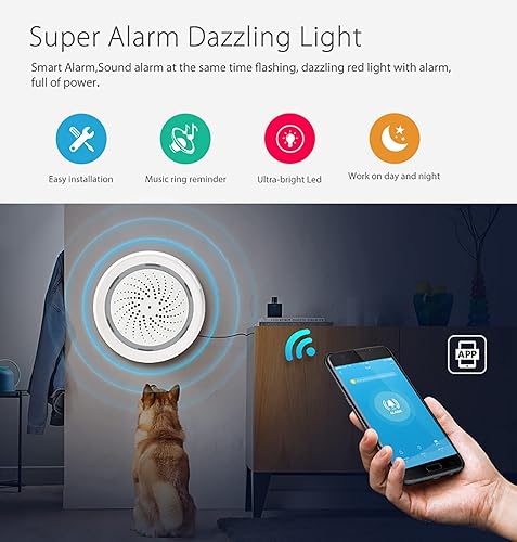 Miniatura 2 de Alarma inteligente de sirena Wi-Fi alarma inalámbrica para seguridad del hogar, alarma antirrobo con alarma de sonido y luz, sonido de 100 dB,