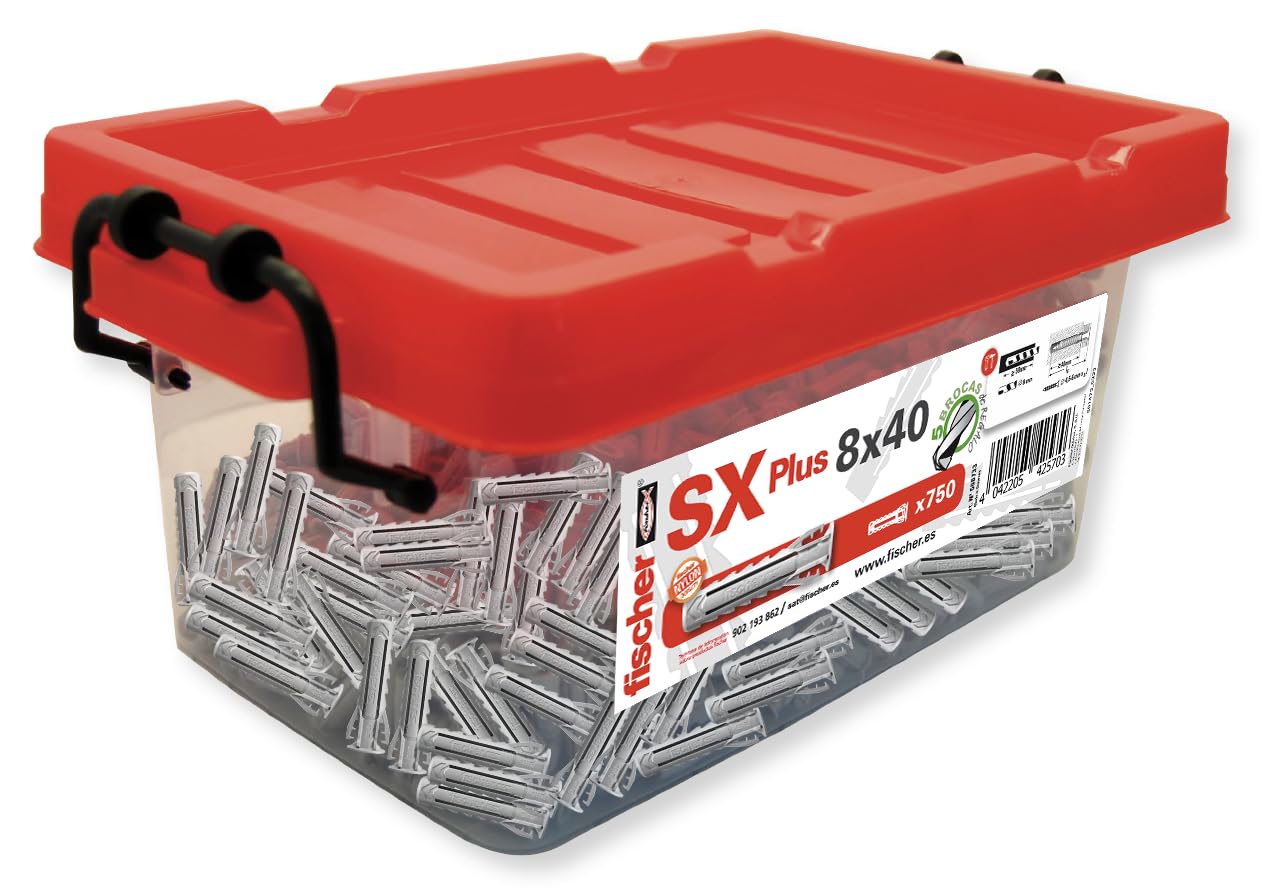 fischer 568733 - BigBox Tacos pared para hormigón SX Plus 8x40 para fijar lámparas, cuadros, aires acondicionados | Big Box 750 Unidades + 4 Brocas de diámetro 8