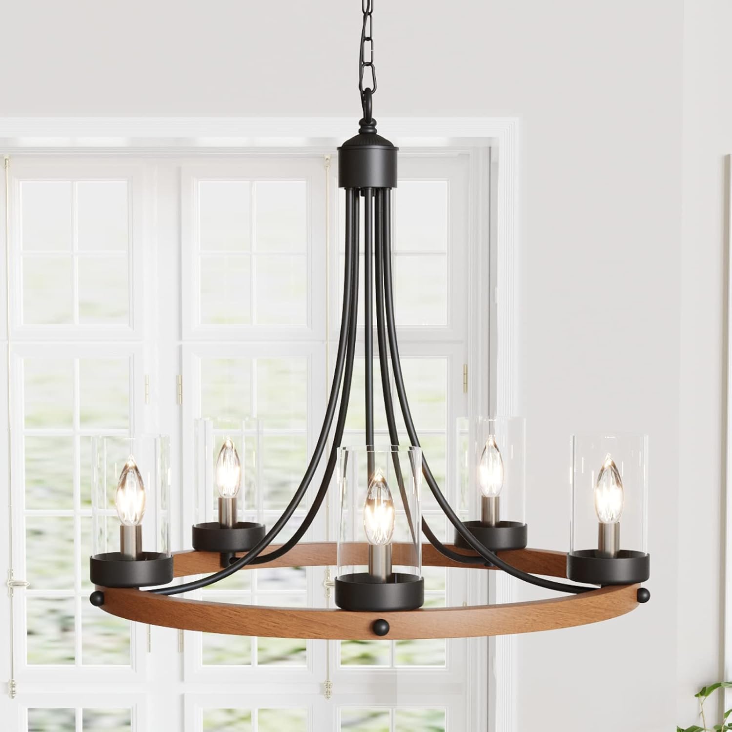 Maxax 5 Lights Wagon Wheel Chandelier, Rustic Farmhouse Ceiling Light, Round Wood Kitchen Island Adjustable Hanging Lighting, E12 Base, Clear Glass, for Dinning Room, Living Room, Wooden