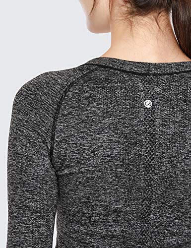 CRZ YOGA Women's Seamless Athletic Long Sleeves Sports Running Shirt Breathable Gym Workout Top Black/White-Slim Fit Medium