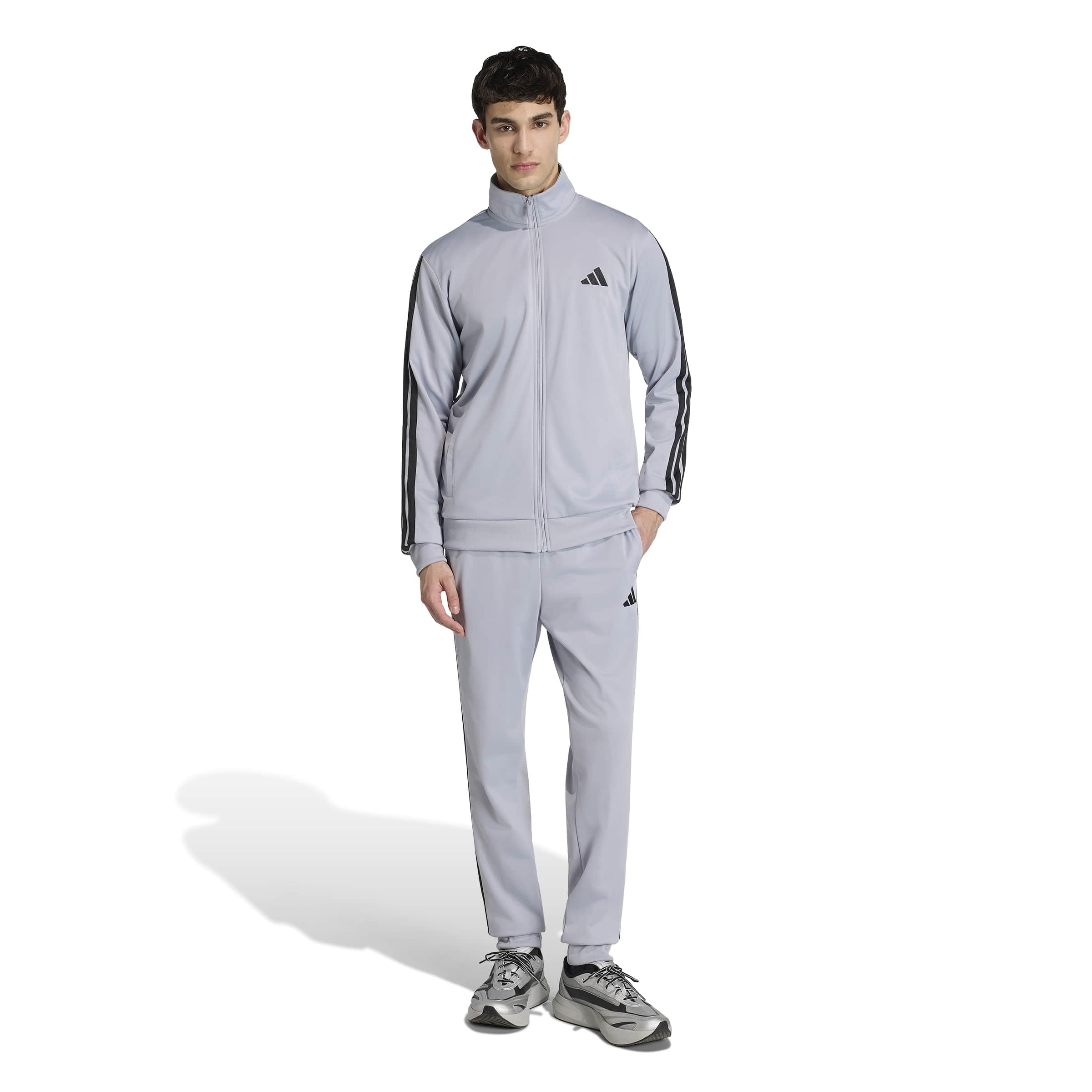adidas Herren SPORTSWEAR BASIC 3 STRIPES TRICOT TRACKSUIT, halo silver, L