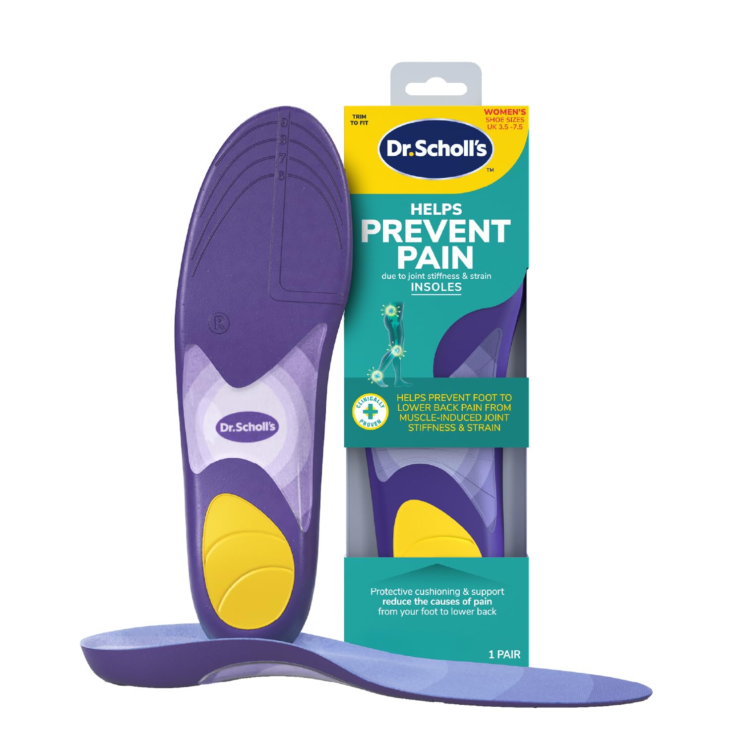 Dr. Scholl's Helps Prevent Pain Protective Insoles for Women, Protect Against Foot, Knee & Lower Back Pain, Promote Foot Health and Well-Being, Trim to fit Insert, Women's Shoe Size 3.5-7.5, 1 Pair