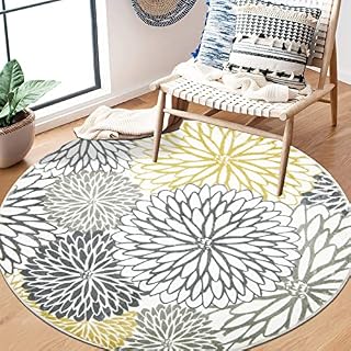 Enyhom Plush Fluffy Round Area Rug Non Slip Circle Carpet Rug Machine Washable Bedroom Floor Rugs Floral Pattern Round Rugs for Living Room Terrace Picnic, 120cm