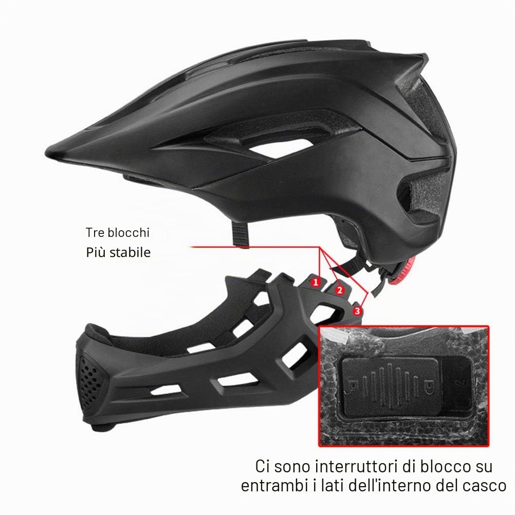 Casco integrale da bici per bambini, 2 in 1, per bici da cross, mountain bike, BMX, skateboard, con mentoniera rimovibile, 13 prese d'aria