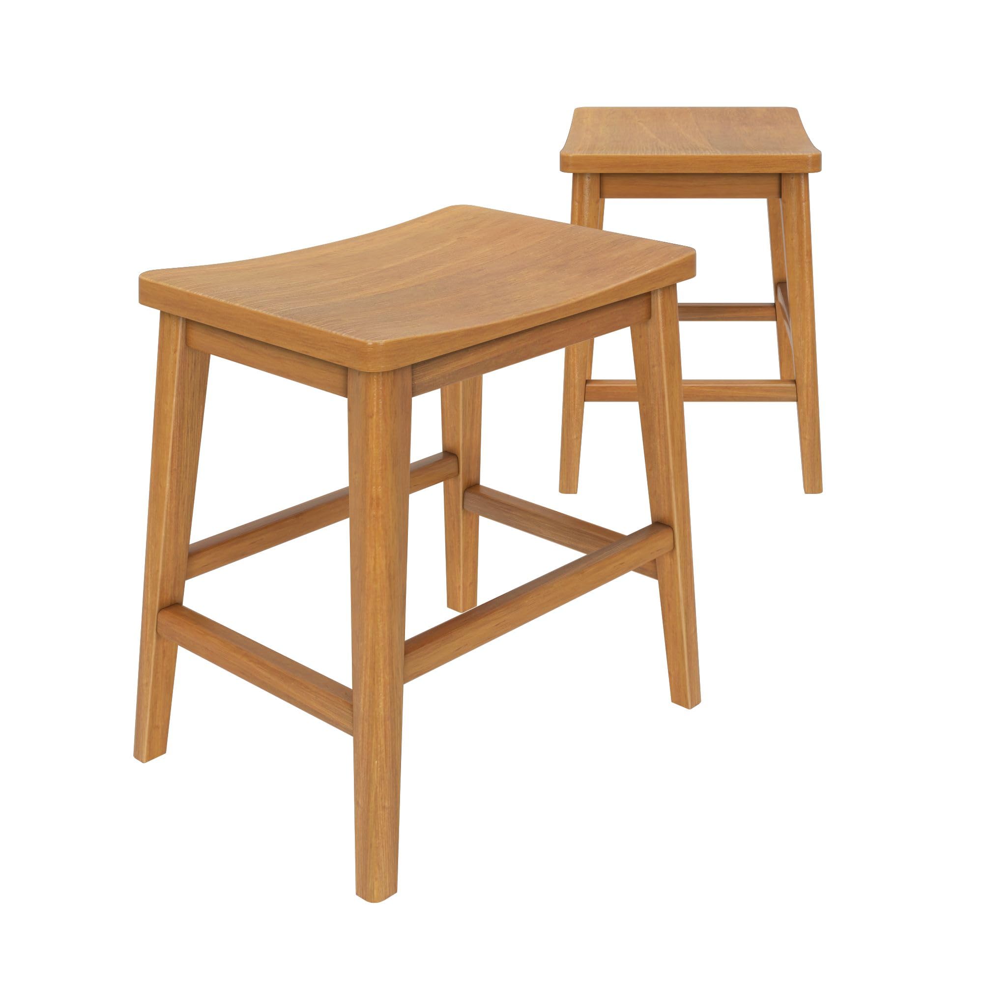 Plank+Beam Smythe Dining Stool, 18" Vanity Stools, Set of 2, Sturdy Wood Modern Kitchen Stool, Saddle Seat Backless Chair, Metal Footrest, Pecan