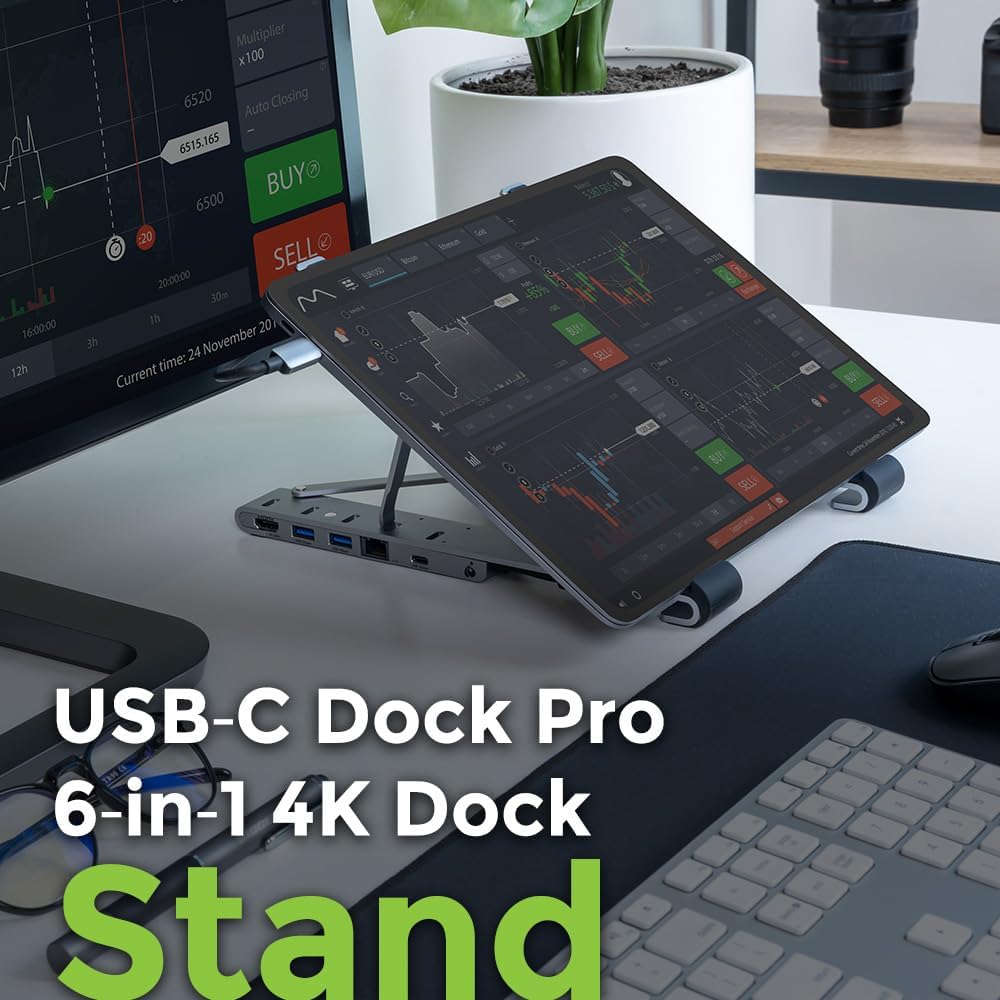 IOGEAR Dock Pro 6-in-1 4K Dock Stand, Foldable Laptop Stand with Docking Station, HDMI 4K30hz (3440x1440 60Hz), 2X USB-A, USB-C Data, 100W, Fast Role Swap, Windows 10 11, macOS, GUD3C4K1LS