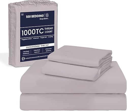 SGI Family King - Juego de sábanas de algodón egipcio de 120 x 80 pulgadas, tamaño King, de 1000 hilos, tejido de satén sólido gris claro para una