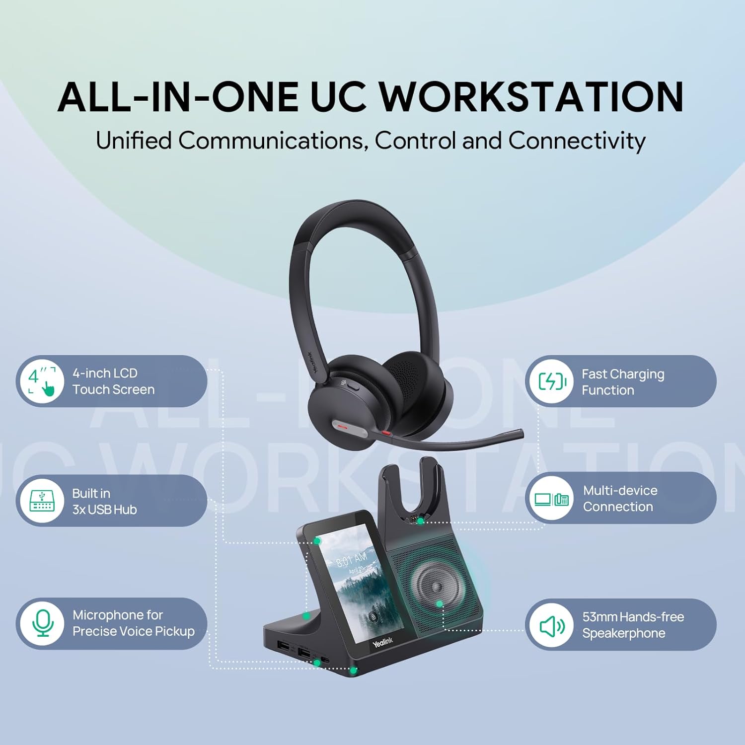Yealink WH64 Workstation Dual Wireless Headset System with Touchscreen Base, DECT & Bluetooth, 3 Noise-Cancelling Microphones, Speakerphone, Busy Light for Office & Hybrid Work