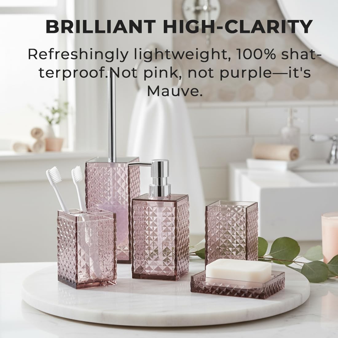6 Piece Mauve Bathroom Accessories Set - High-Clarity Shatterproof Acrylic - Includes Soap Dispenser, Toothbrush Holder, Tumbler Cup, Soap Dish, & Toilet Brush with Holder - Modern Bath Decor