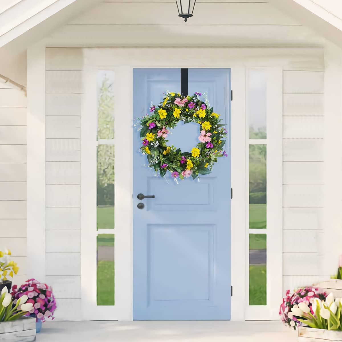 Spring Wreaths for Front Door Outside- 20In Daisy Spring Door Wreath Large Artificial Floral Wreaths with Hanger- Flower Wreath Home Decor for Window Indoor Outdoor Home St Patricks Day Decorations
