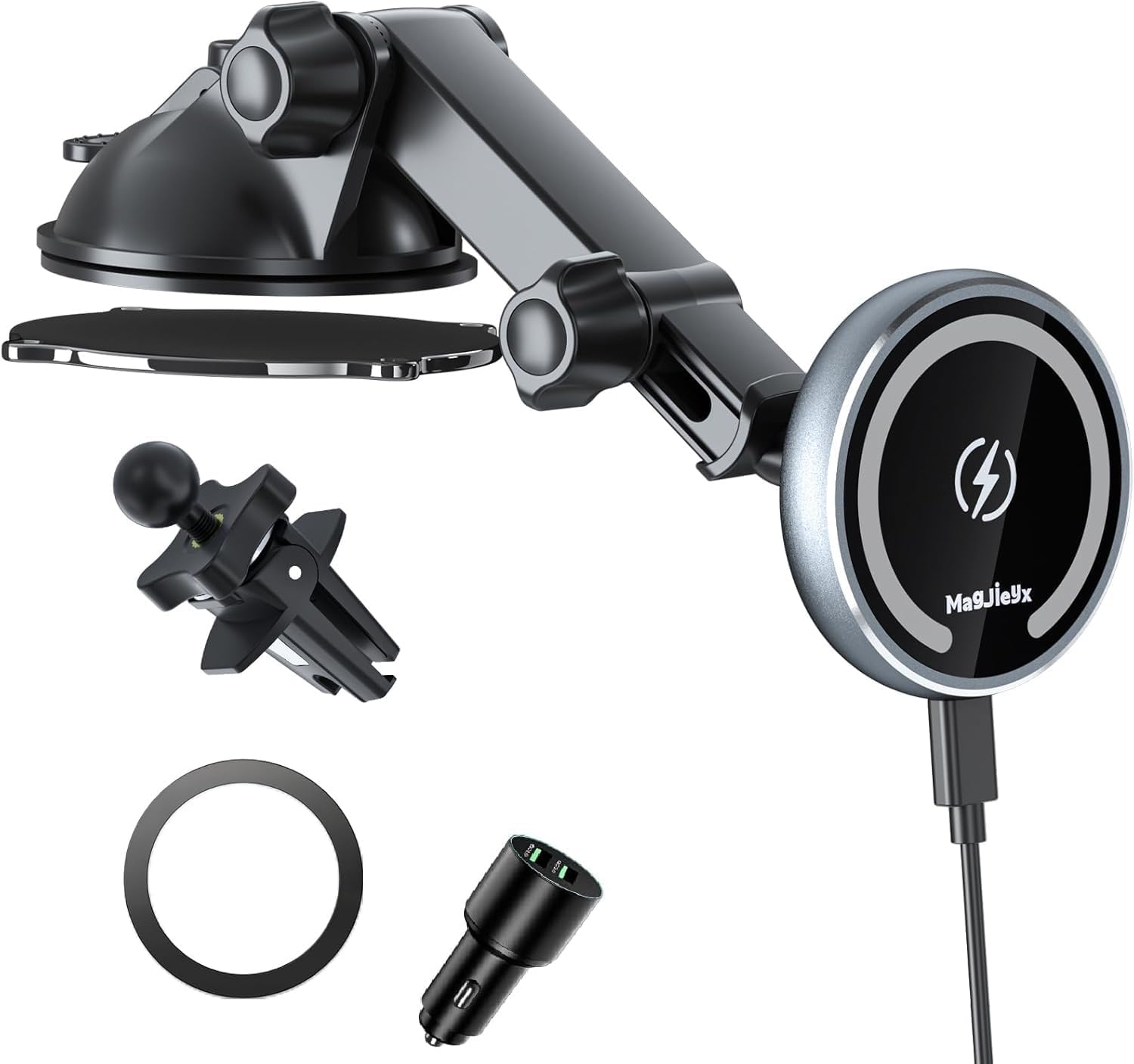 MAGJIEYX für Magsafe Autohalterung mit Ladefunktion, 15W Kabellose Schnellladen mit 38W QC 3.0 Ladegerät Starker Magnet 360° Drehung für iPhone 16 15 14 13 12 Serie Alle Smartphones Auto Zubehör
