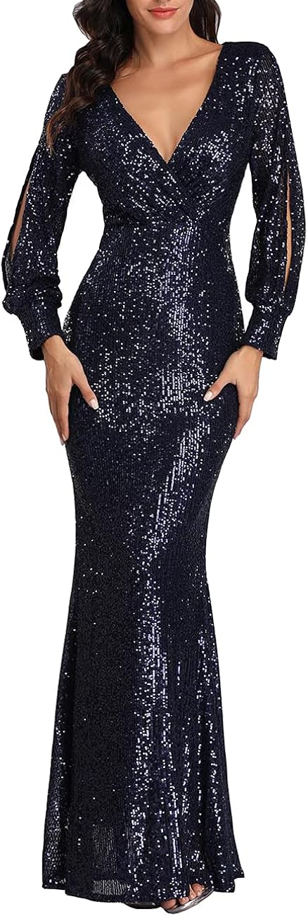 A ARFAR Women Sequin Evening Dress Long Sleeve Dress Sexy V-Neck Dress Formal Party Dress Split Sleeve : Clothing, Shoes & Jewelry