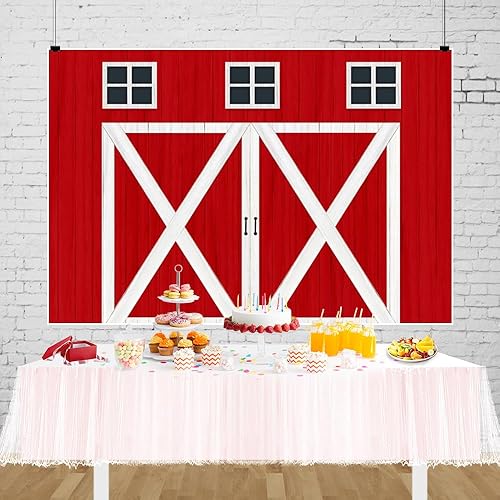 Miniatura 5 de Telón de fondo rojo para puerta de granero para vaquero, suministros de fiesta de cumpleaños, granja occidental, regalos de amigos, Acción de