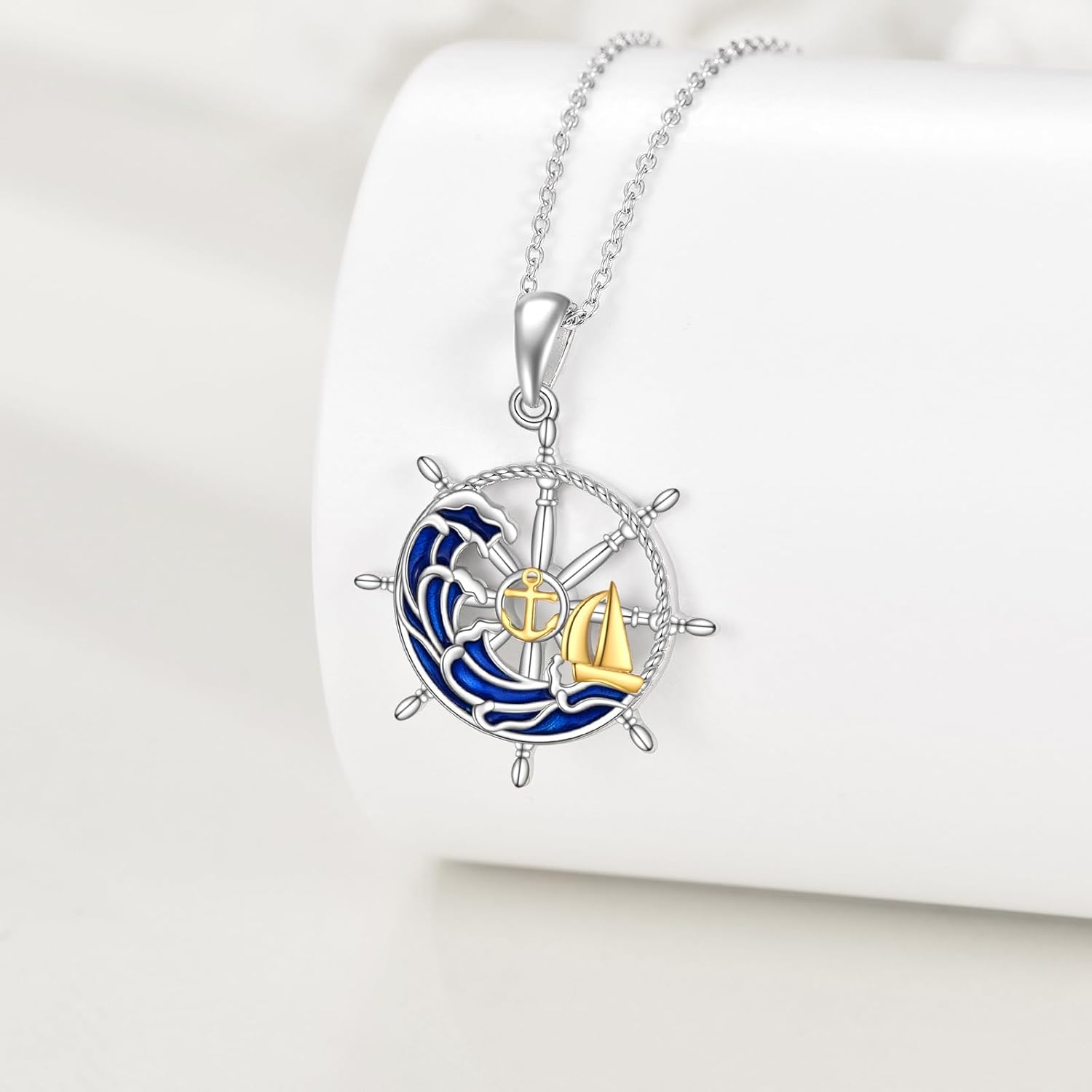 Anchor Necklace Sterling Silver Wave Pendant Sailboat Navy Rudder Jewelry Gifts for Women Sailors - Image 3