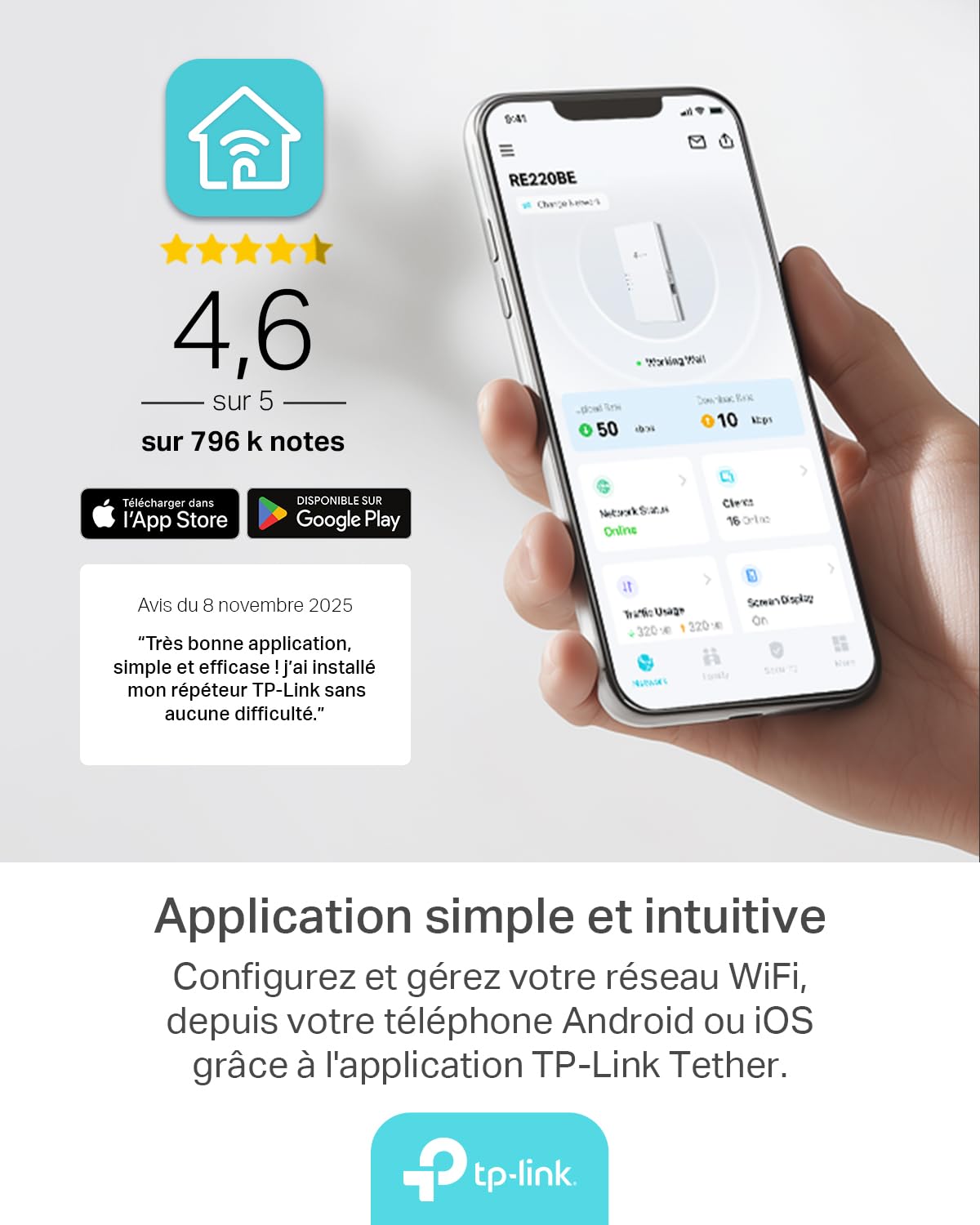 TP-Link Répéteur WiFi 7 RE220BE, Amplificateur WiFi Puissant 3.6Gbps, Port Ethernet Gigabit, Couvre jusqu'à 150 m², Compatible avec Toutes Les Box Internet, Profitez sans Changer Votre Box