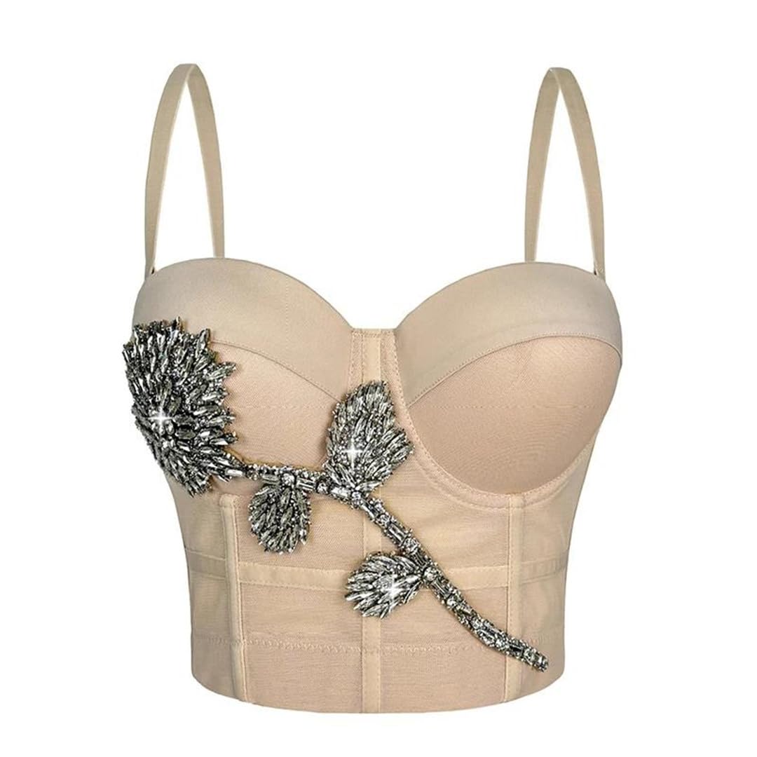 Yeuyyben Canotta da donna con strass e fiori, senza maniche, con schiena scoperta, aderente, elegante, estiva, alla moda