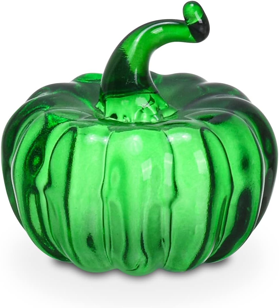 LONGWIN Mini Crystal Pumpkin Collectible Figurines Glass Paperweight Tabletop Decorative Ornaments for Fall Harvest Thanksgiving Halloween Home Decor Green