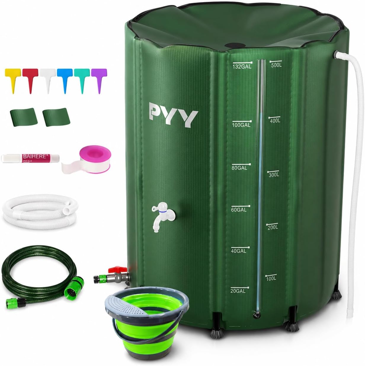 PYY Rain Water Collection Barrel - 132 Gallon Water Storage Tank with Spigots, Hose and Portable Bucket, Large Plastic Collapsible Rain Catcher Catchment System to Collect Rainwater from Gutter