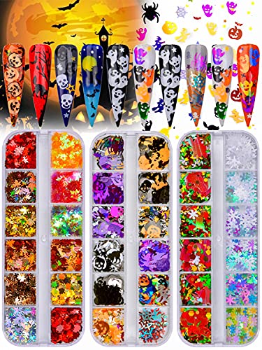 Warmfits 3D Holographic Nail Glitter Halloween Glitter & Christmas Nail Glitter & Snowflake Sequins & Fall Maple Leaf Glitter 3 Boxes For Diy Resin Crafting #TOP4