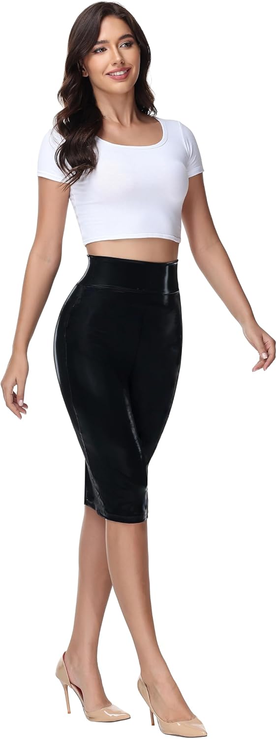 Faux Leather Stretch Skirt for Woman High Waisted Leather Bodycon Under Knee Length Pencil Skirt - Image 6