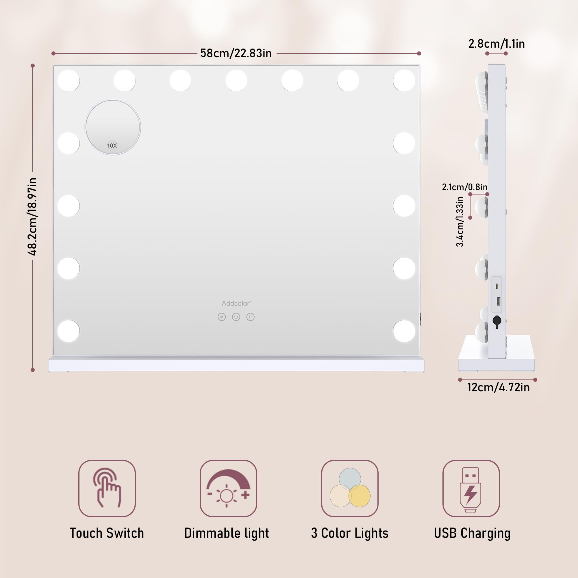 Hollywood Espejo Maquillaje con Luz, Espejo Tocador con 15 LED Bombillas y Puerto de Carga USB, 3 Modos de Iluminación Ajustables, Espejo de Pared con10X Espejo (58 x 2,8 x 46 cm)