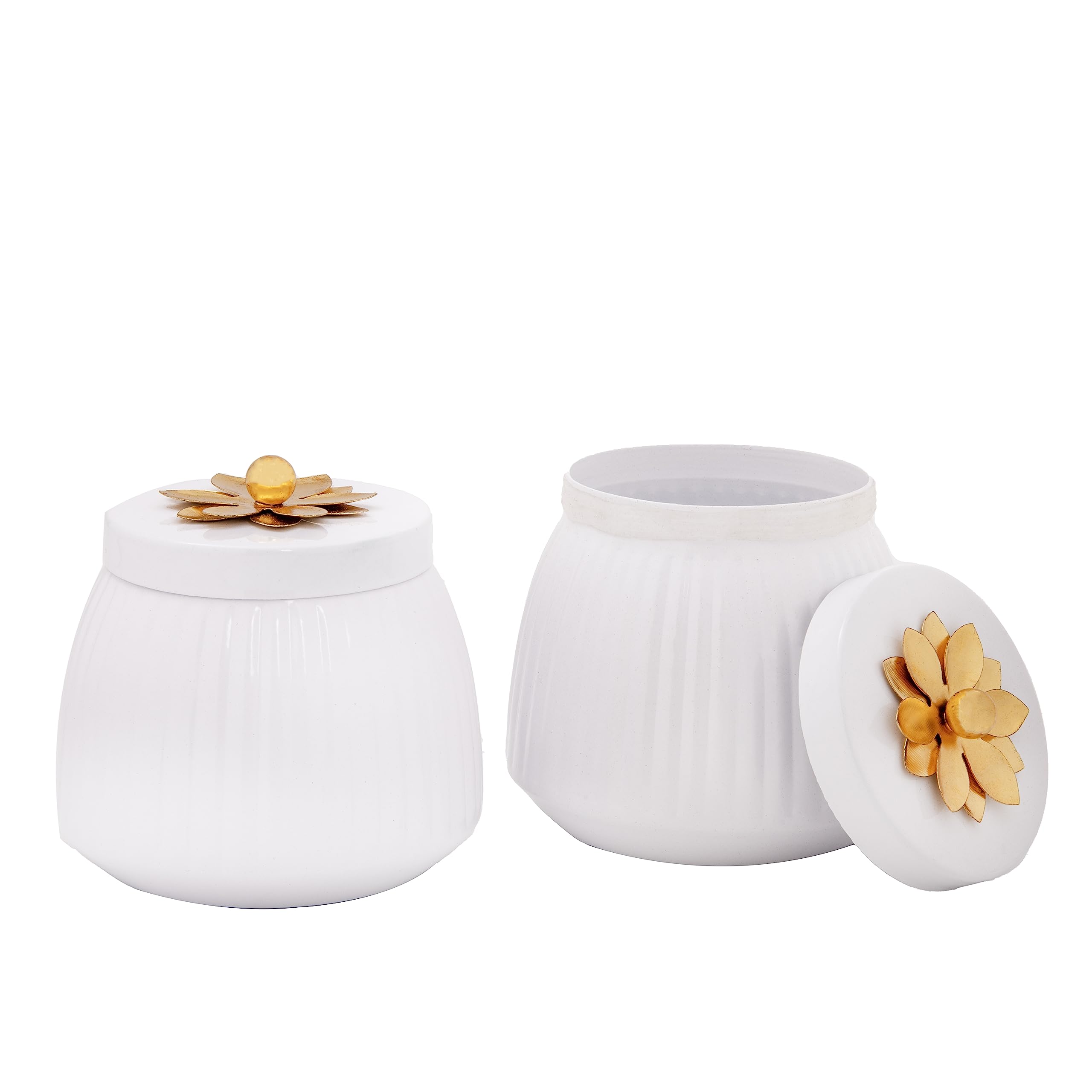 GIBOX Floral White Kitchen Storage Pot (Set of 2) for Snacks & Dryfruits | Steel Jars with Golden Floral Lid | Kitchen Tableware Jar | Decorative Jar For Home Decor | Candy Masala & Condiments storage