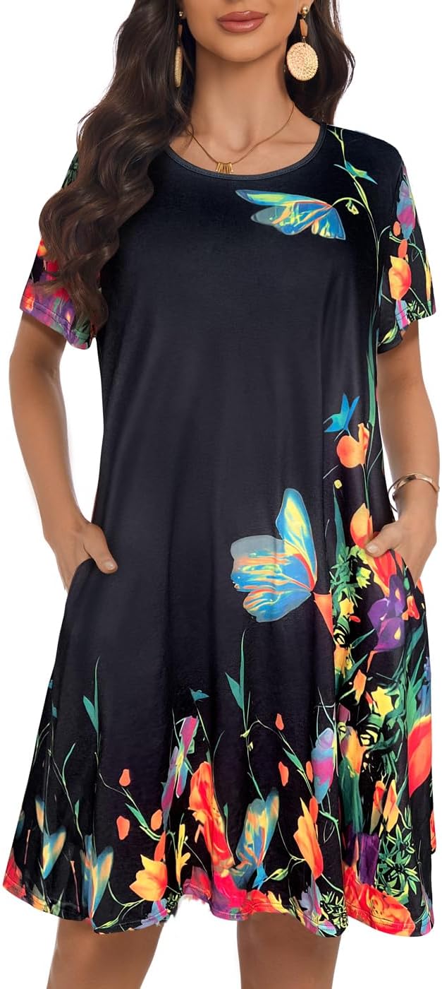 My Sky Summer Dresses for Women 2026 Casual Short Sleeves Tshirt Flowy Beach Plus Size Sundress with Pockets