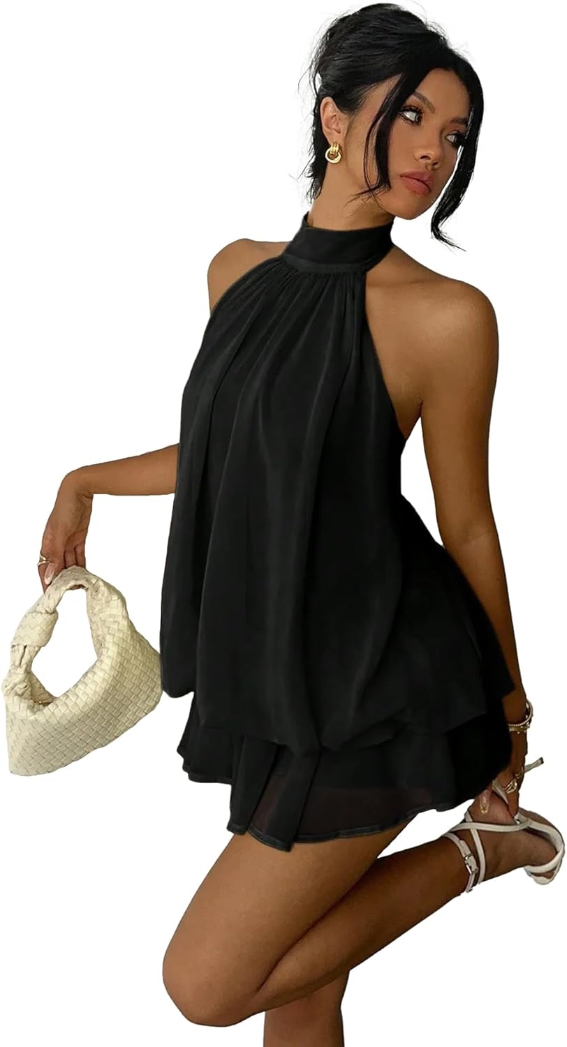 Party Dress for Women Premium Feel Ruffled Bubble Dress Self-Tie Strap Sexy Sleeveless Backless Fitted Mini Dress - Image 3