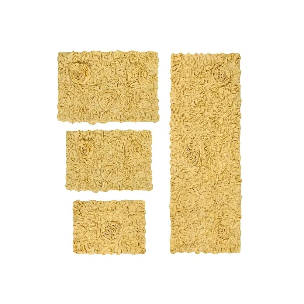 Stunning Hand Tufted Lemon Yellow Bathroom Rugs Set 4 Piece with Pretty Rose Designs On Bold Solid Colour