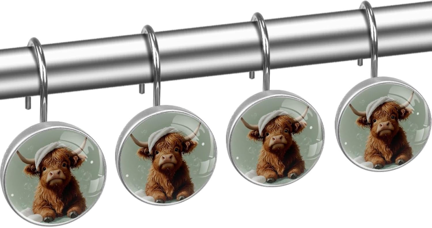 Bathing Highland Cow Shower Curtain Hooks Rings, 12 Pcs Round Resin Glass Shower Curtain Hangers for Bathroom, Rust Proof Stainless Steel Shower Hooks for Shower Curtain Rod