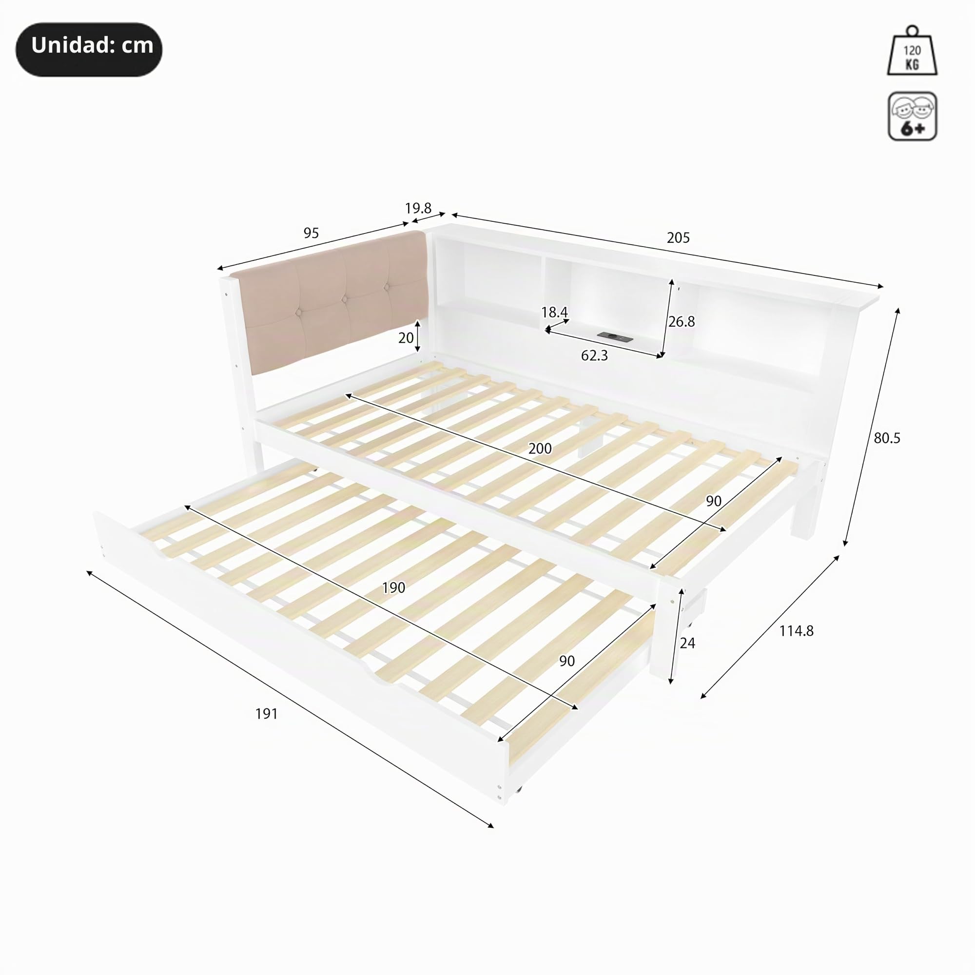 Cama infantil de 90 x 200 cm, con cama nido de 90 x 190 cm, con conector USB y tira LED, sofá cama con cabecero acolchado, estructura de madera, blanco, sin colchón (blanco, 90 x 200 cm)