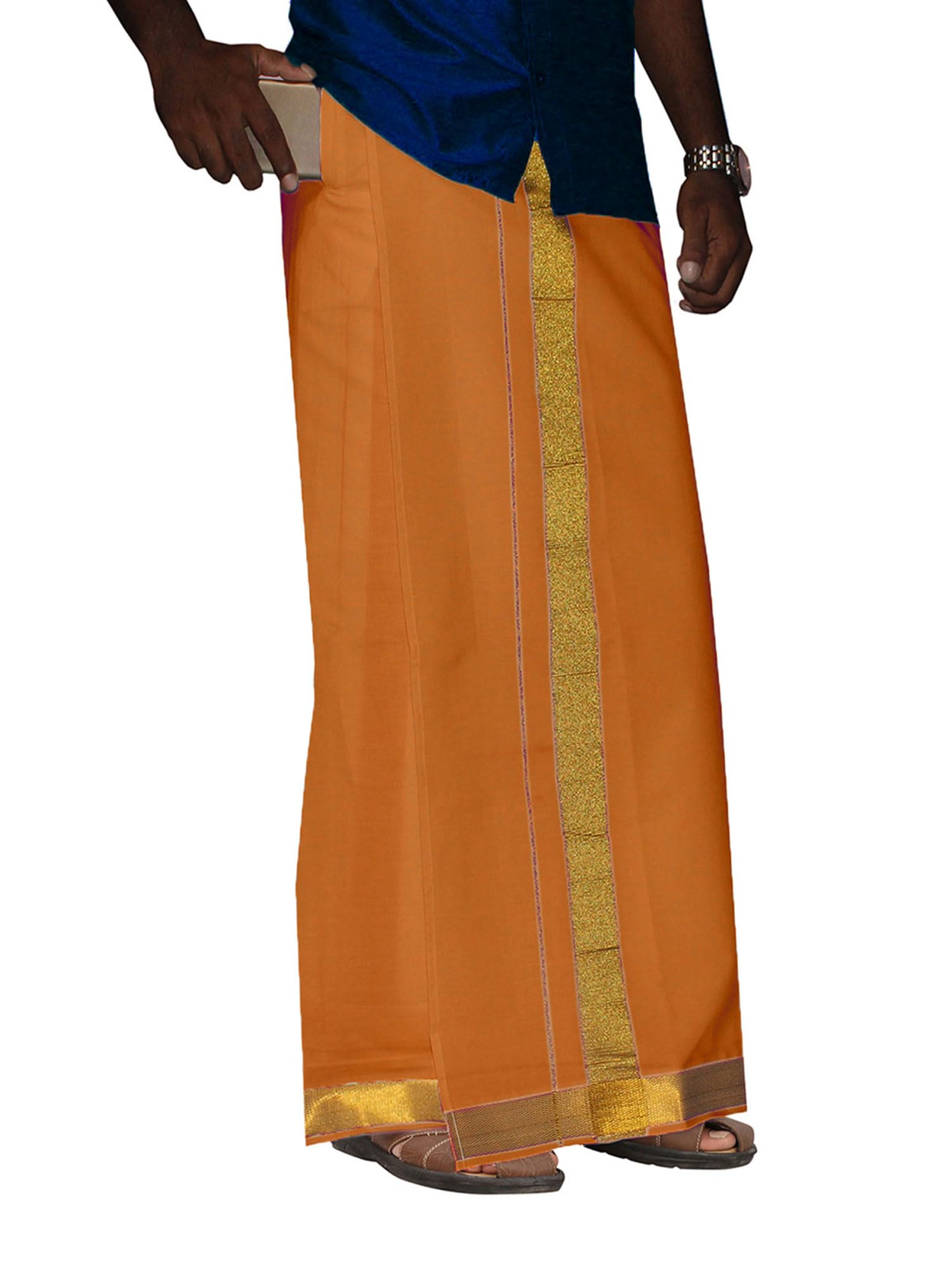 Prakasam Cotton Men's Kaavi Colour 2 Inch Gold Jari Border Welcro Pocket Dhoti/Size Hip -42 Inches- Length- 42 Inches