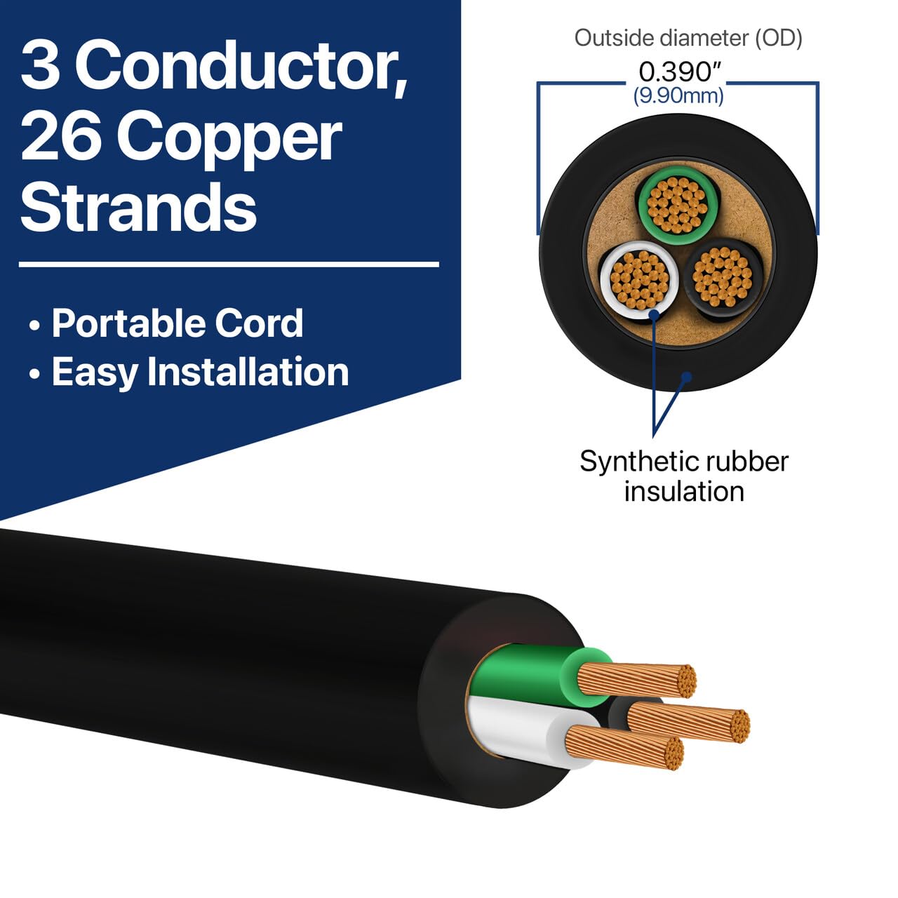 Câble d'alimentation Portable 16/3 SOOW 16 AWG 3 conducteurs 600 V 25 Foot Noir