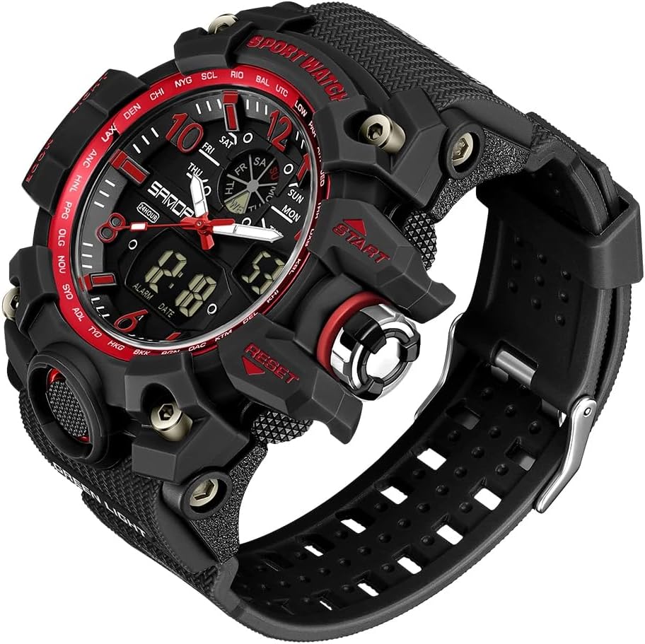 Gosasa Military Style Digital Analog Watch, Large Face 2.2″, 50m Water Resistant, Dual Time Zone, Alarm, LED Backlight, Stopwatch, PU Strap