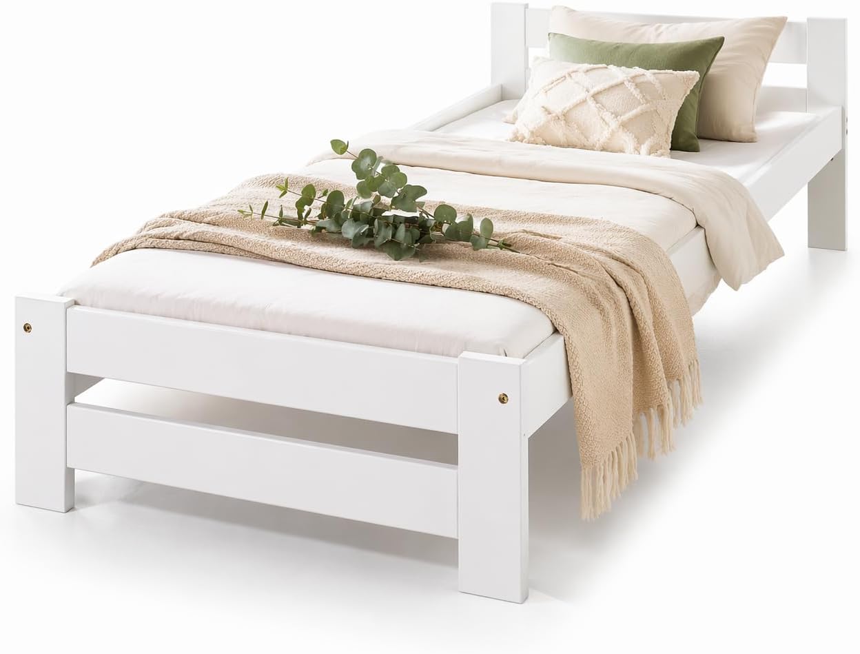 Holzbett Einzelbett 90×200 Weiß Natur Massive Füße Einzelbett Bettgestell mit Lattenrost/Rollrost