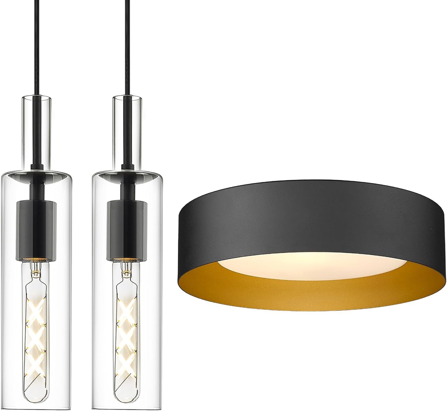 AUTELO 14" Frosted Glass Shade Close to Ceiling Light Fixture in Black Finish Bundle 2 Pack Modern Black Kitchen Island Cylinder Glass Pendant Light Fixtures, Living Room, Over Island, C3336XS BK-BD7