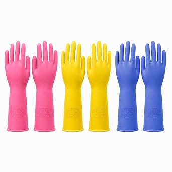 Rubber Kitchen Dishwashing Gloves, 3 Pairs Pink/Yellow/Ocean Blue