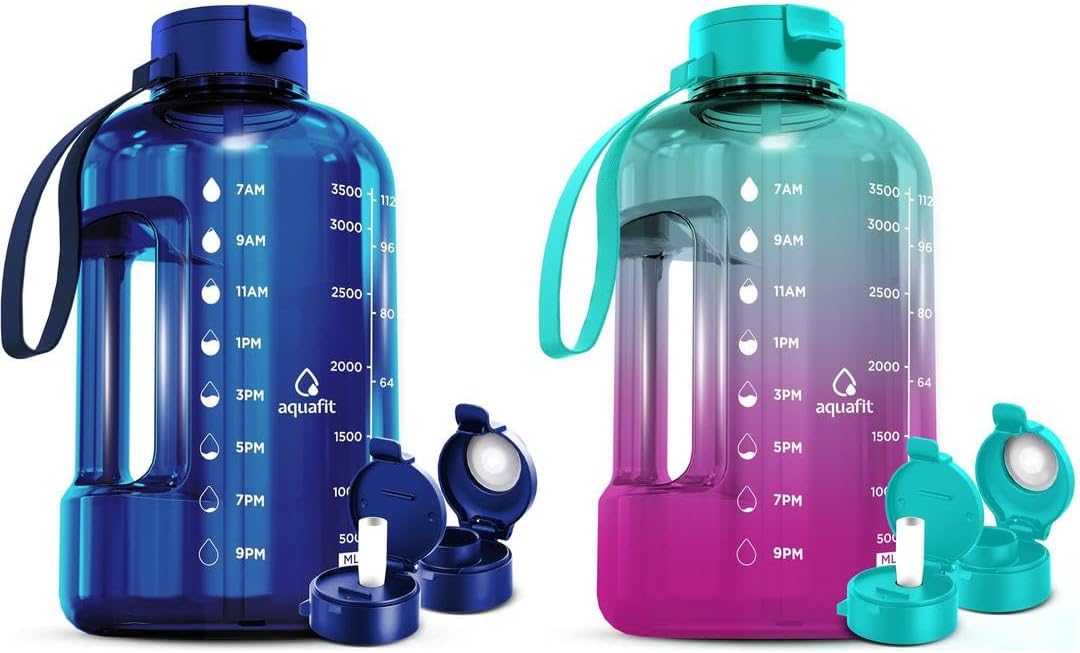 AQUAFIT 2 Pack - 2 x 1 Gallon Water Bottle With Time Marker - Big Water Bottle With Straw - BPA Free Gym Water Bottle With Handle - Gallon Water Jug