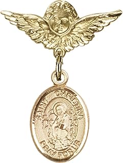 14kt Yellow Gold Baby Badge with St. Christina The Astonishing Charm and Angel w/Wings Badge Pin 1 X 3/4 inches