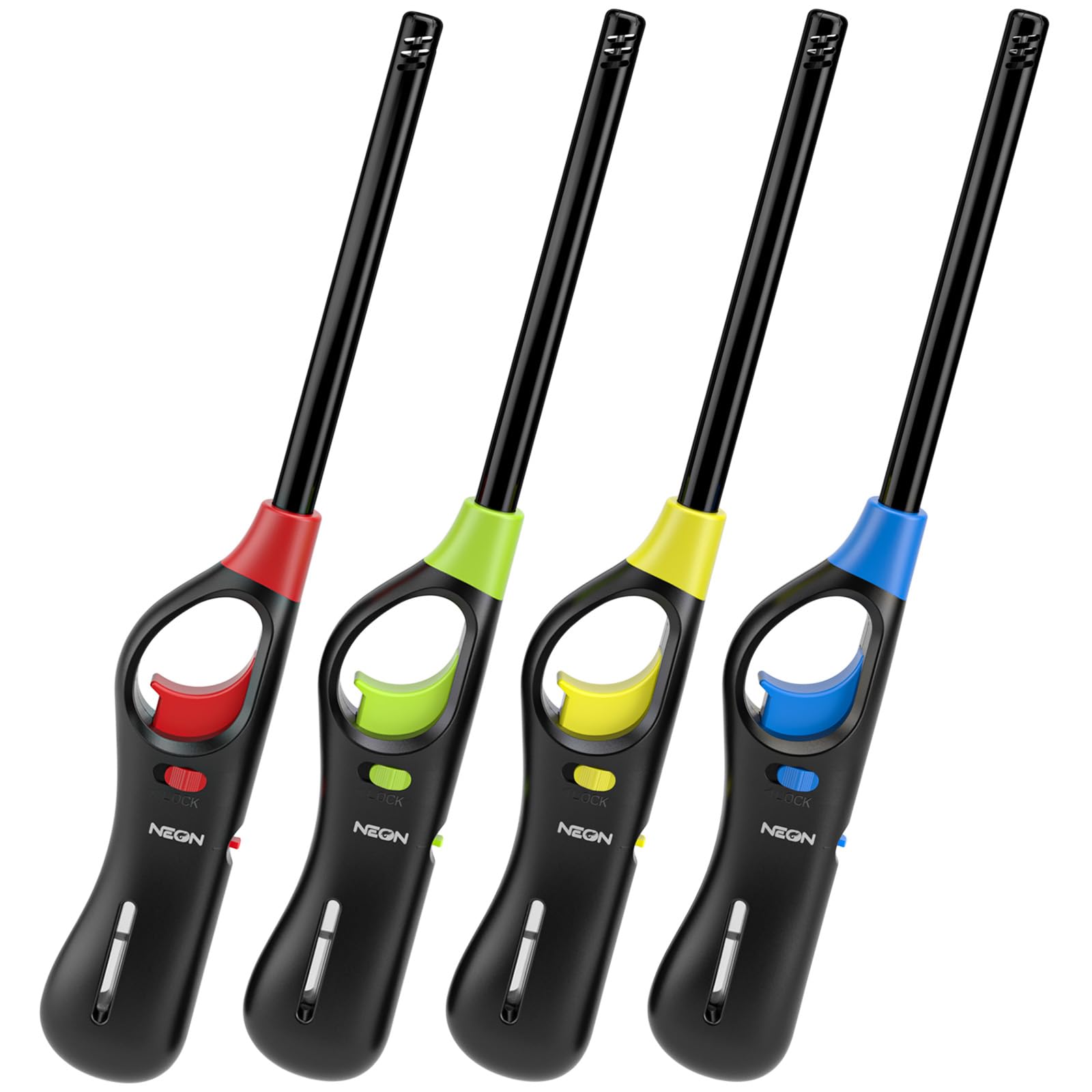 NEON Lighter Refillable Butane Candle Lighter 4 Pack Multi-Purpose Reusable Lighters with Long Metal Wand and Adjustable Soft
